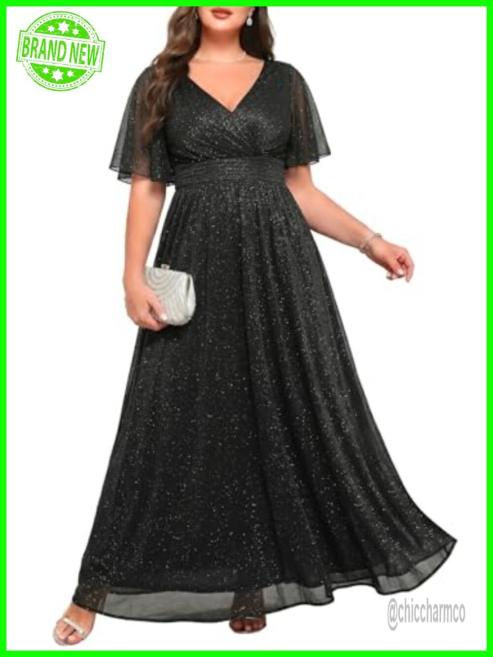 Women's Plus Size Formal Maxi Dress Flutter Sleeve Wedding Guest Gown
